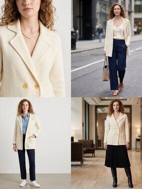 Women Cardigan Sweater Blazer Size XL Double Breasted Knit Lapel Collar Cream